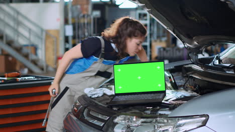 portátil de pantalla verde en el taller de reparación