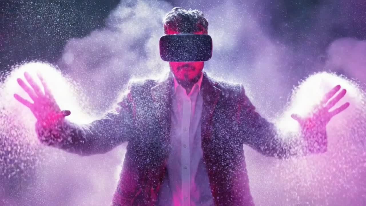 Immersive Virtual Reality Experience: A Futuristic Exploration of Digital Worlds Where the User Interacts with Virtual Elements Surrounded by Ethereal Mist and Vivid Lights