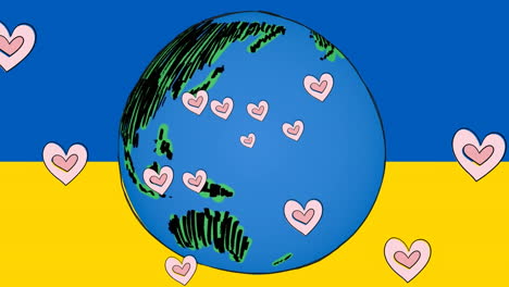 animation of hearts and globe over flag of ukraine