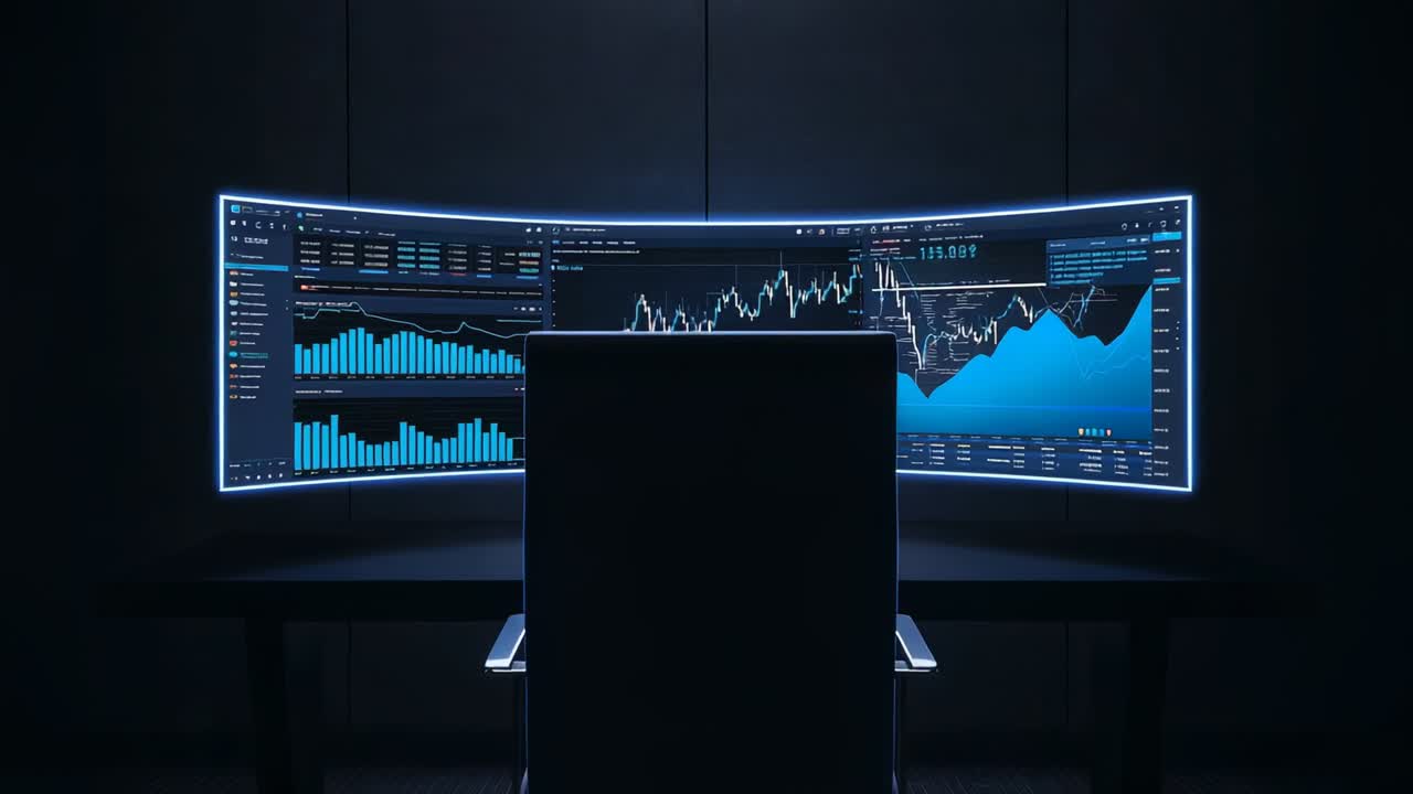 Rotating camera after brief pause around triple monitors in trading room showing upward chart swing