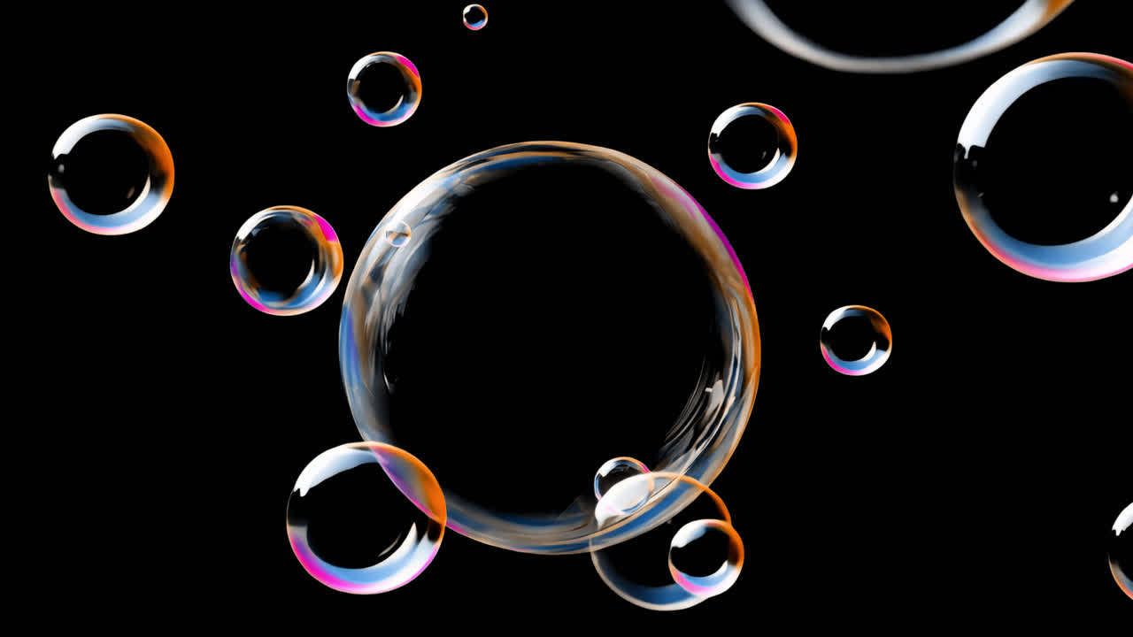 Floating translucent colorful soap bubbles animated overlay, transparent 4K video, alpha channel