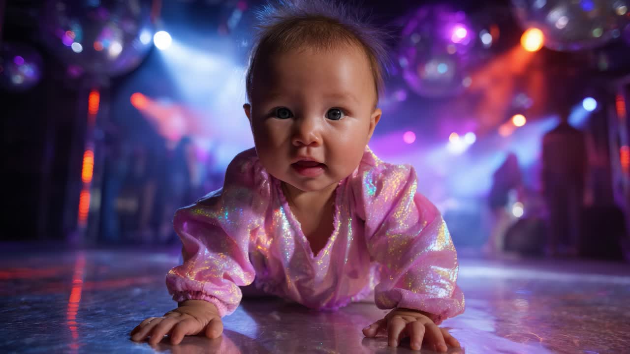 Søt baby i et glitrende antrekk kryper over et pulserende dansegulv, omgitt av glitrende diskokuler og et fargerikt lysshow i bakgrunnen