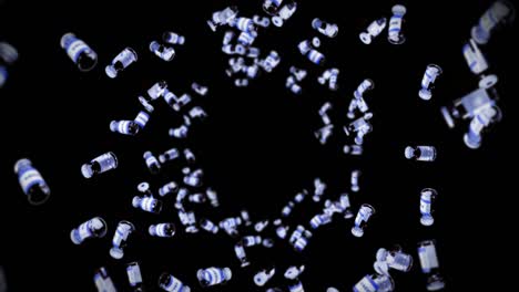 flying many vaccine bottles on black background. medical concept. virus cure. transparent liquid. 3d loop animation of vaccines.