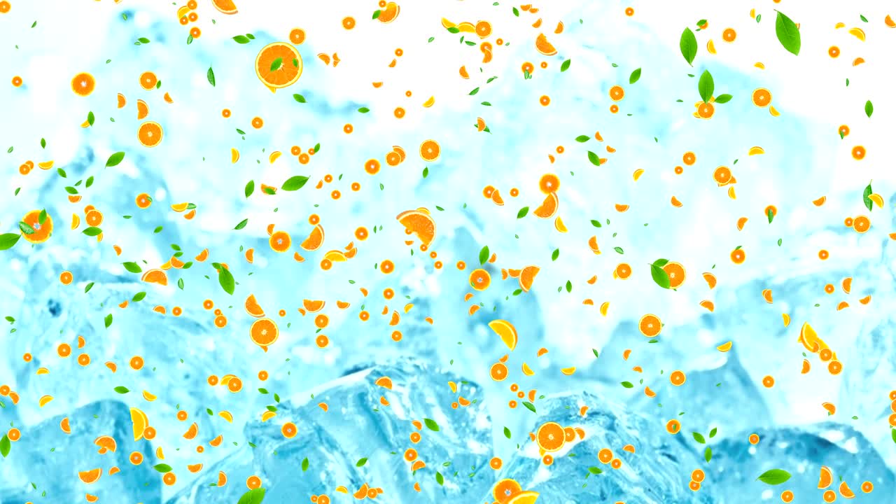 잎과 함께 과일 오렌지 슬라이스 애니메이션 신선한 얼음 큐브 배경에 날아, 루프 원활