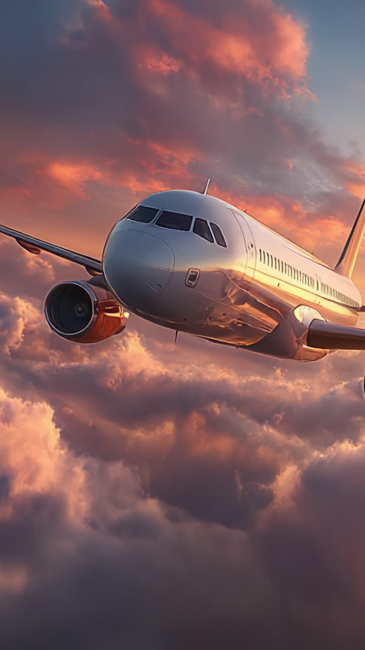 Un maestoso aeroplano che solca le vivaci nuvole del tramonto, mettendo in mostra il suo design elegante e i suoi motori potenti sullo sfondo di un cielo mozzafiato dai toni caldi e dall'illuminazione intensa
