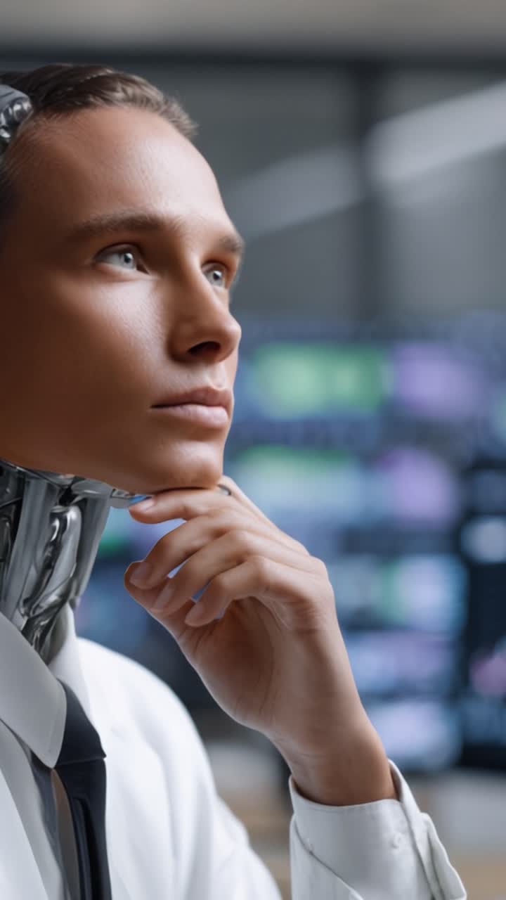 Un'entità cibernetica pensierosa che riflette con uno sguardo introspettivo su uno sfondo di display digitali in un ambiente di lavoro moderno.