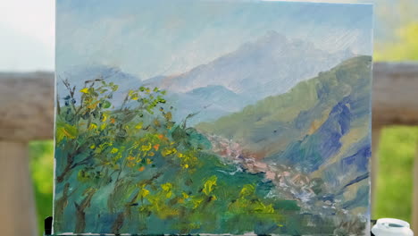 pintura de paisajes de valles montañosos con niebla