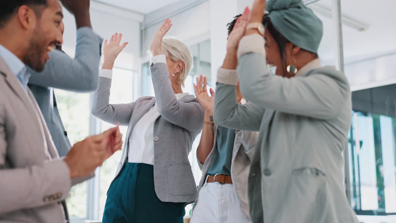 High five, team and support with business people