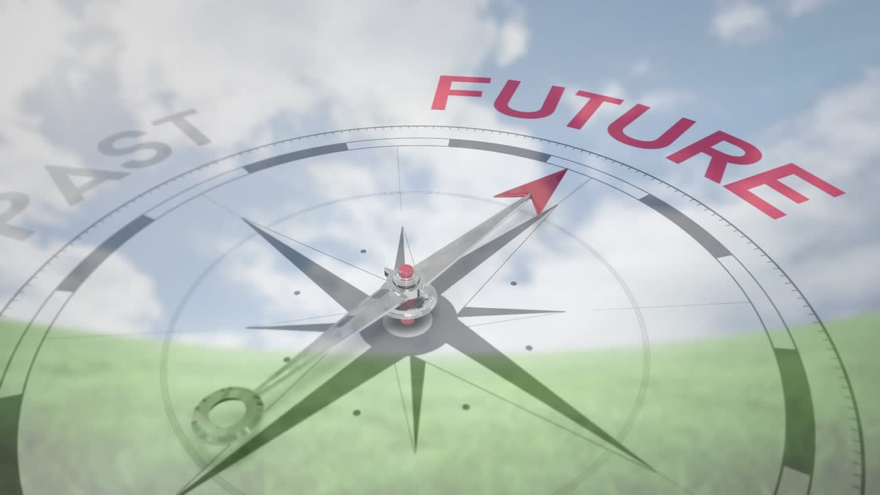 Playback starting, compass needle rotating clockwise from PAST to red FUTURE, showing forward aim