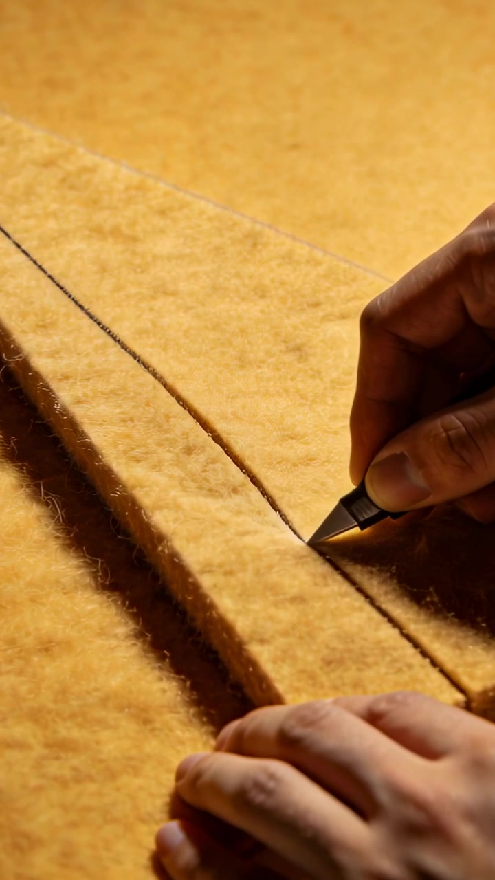 Video verticale: Posizionamento di uno strumento metallico su una cucitura, mano destra che traccia una curva su un tavolo di feltro per il taglio.
