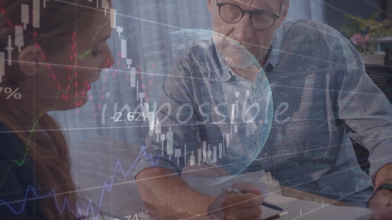 animación del procesamiento de datos financieros y el mundo sobre el hombre y la mujer comprobando documentos.