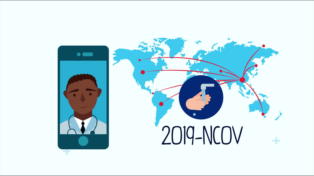 médico en el teléfono inteligente con partículas de covid-19 y el planeta tierra