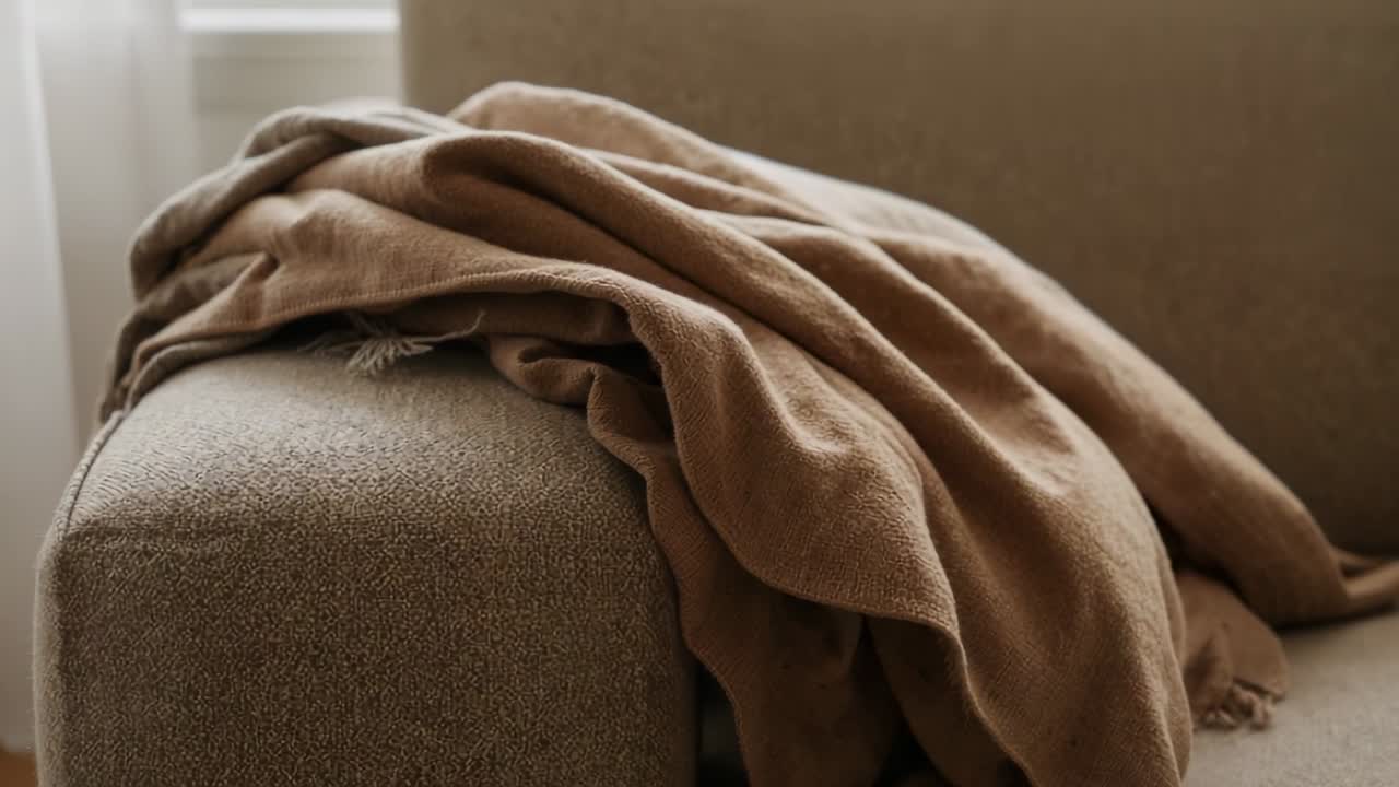 La telecamera in zoom mostra una coperta marrone intrecciata drappeggiata sul bracciolo del divano, dopo essere stata spostata nel soggiorno, per evidenziare la trama.