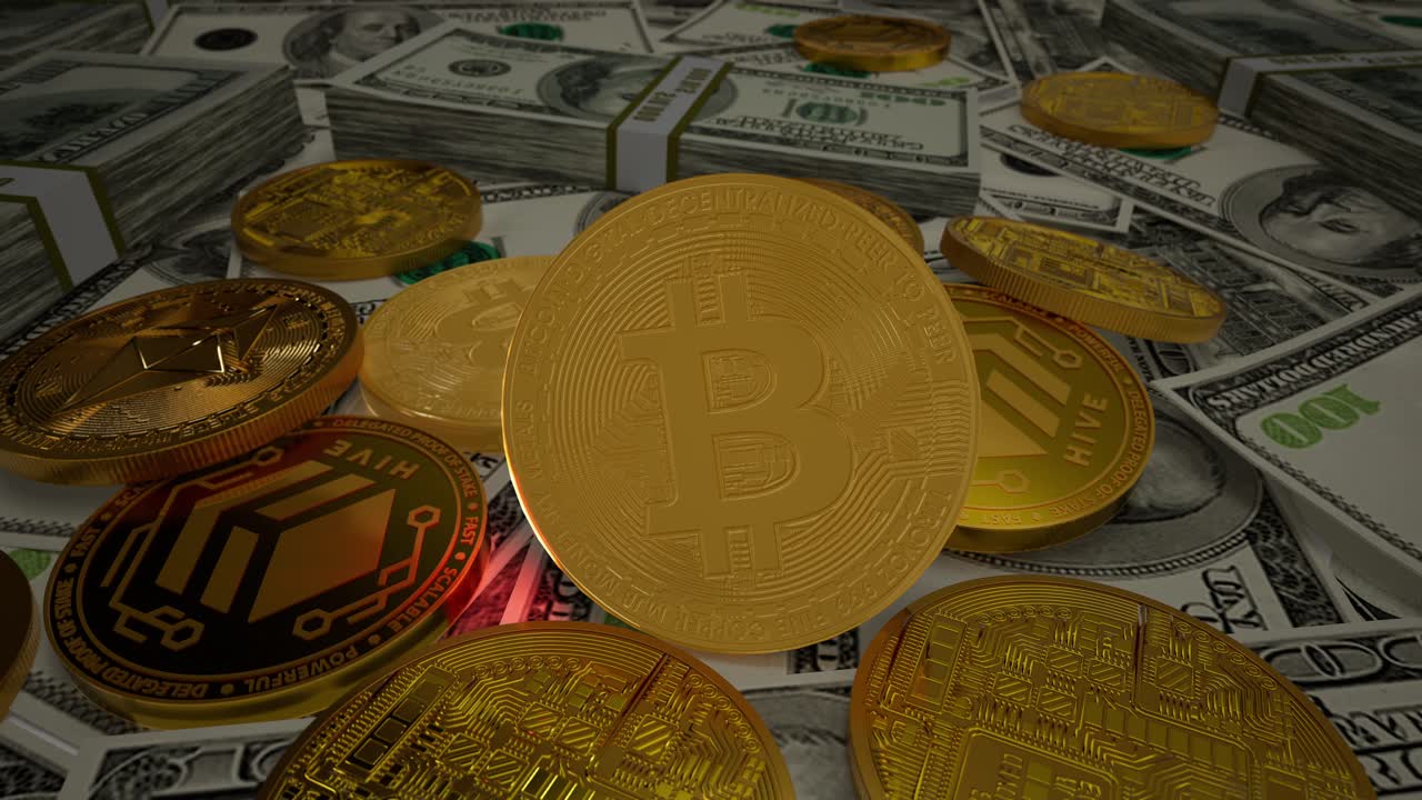 Bitcoin Btc Coin And Ethereum Eth Coins With 100 Dollars Bills. Digital Crypto Coin And Cryptocurrency. Concept Of Exchange Market And Online Trading