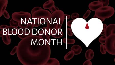 Animation-of-national-blood-donor-month-text-and-heart-over-blood-cells