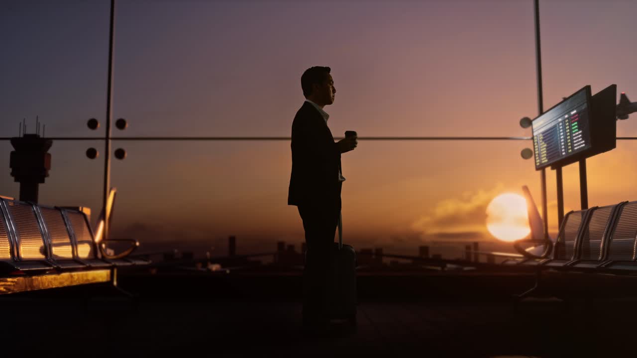 비행기를 기다리는 동안 커피를 마시며 공항의 탑승 라운지에서 굴러가는 가방을 들고있는 아시아 사업가의 전체 측면 뷰.