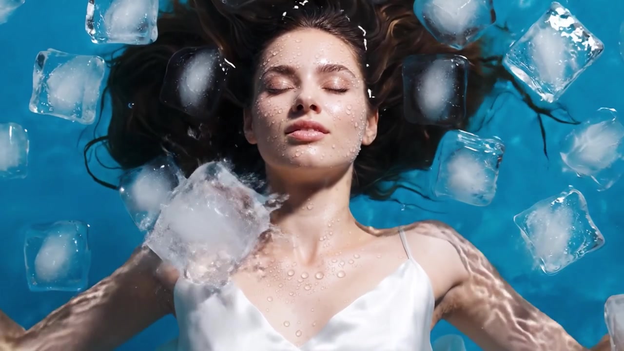 Un momento sereno sotto la superficie: catturare la bellezza tranquilla di una giovane donna circondata da cubetti di ghiaccio in una piscina blu trasparente.
