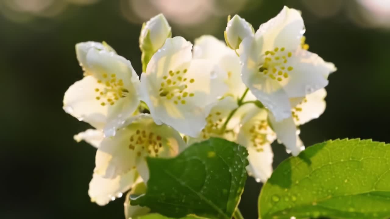Close-up of Blooming Flowers in a Garden During Sunrise Showing Dewdrops on Petals
