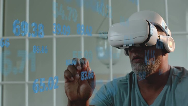 Senior man in white VR headset reaching right hand, pinching blue holograms and analyzing data