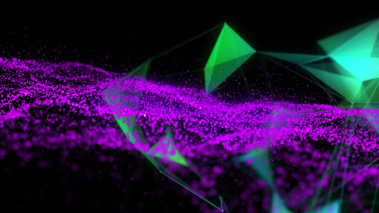 3D render showing magenta particle wave floating across dark space, green polygon network forming