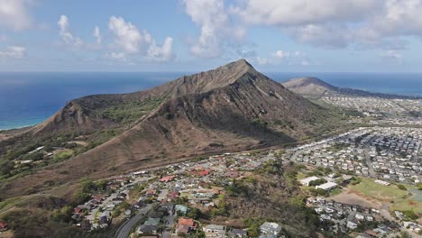 overhead view of homes overlooking koko head crater with blue sky