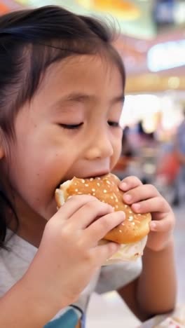 an asian girl eating a hamburger in the food court of a shopping mall.