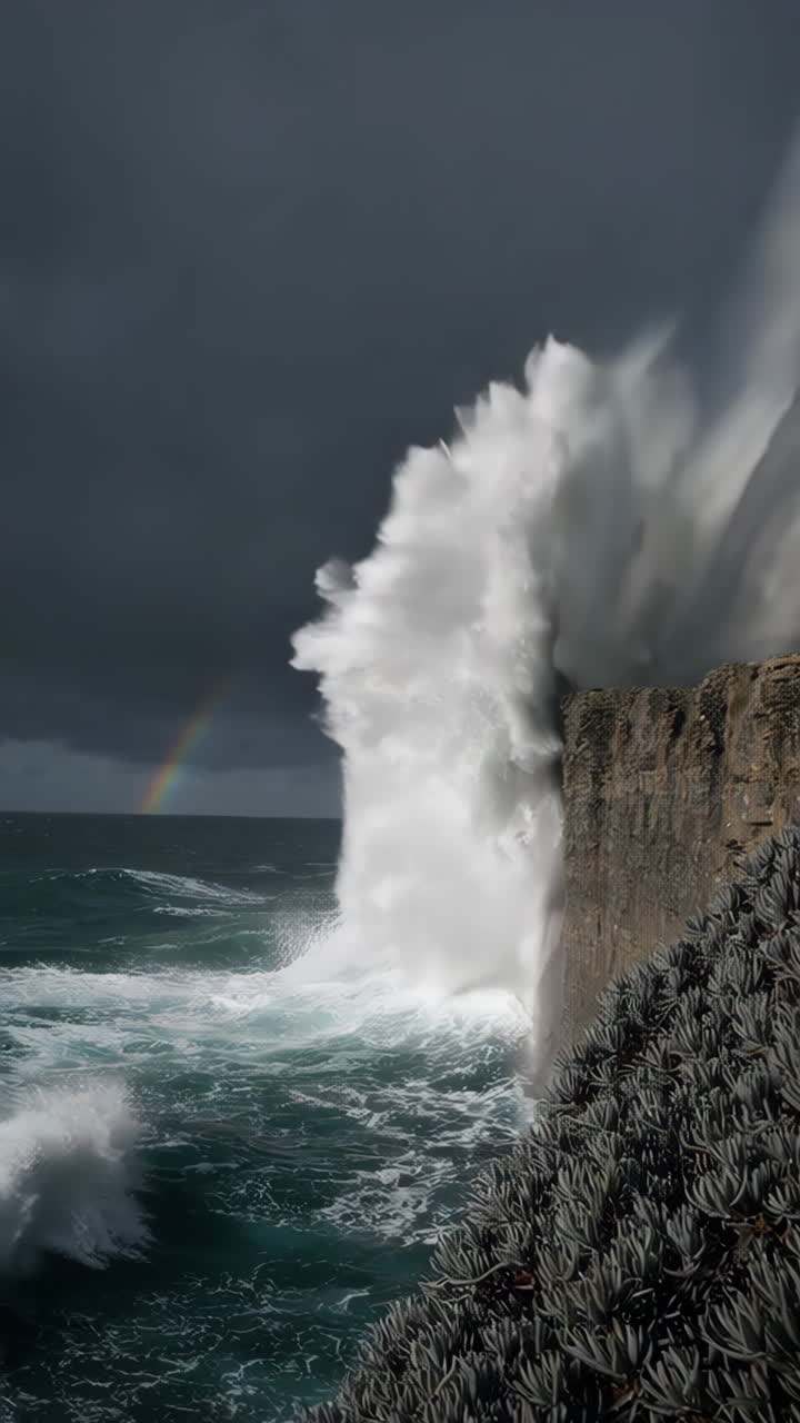 Powerful Waves Crashing Against a Cliff with a Rainbow