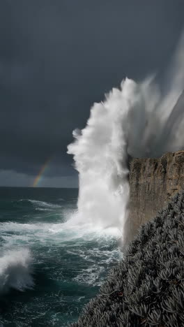 powerful waves crashing against a cliff with a rainbow