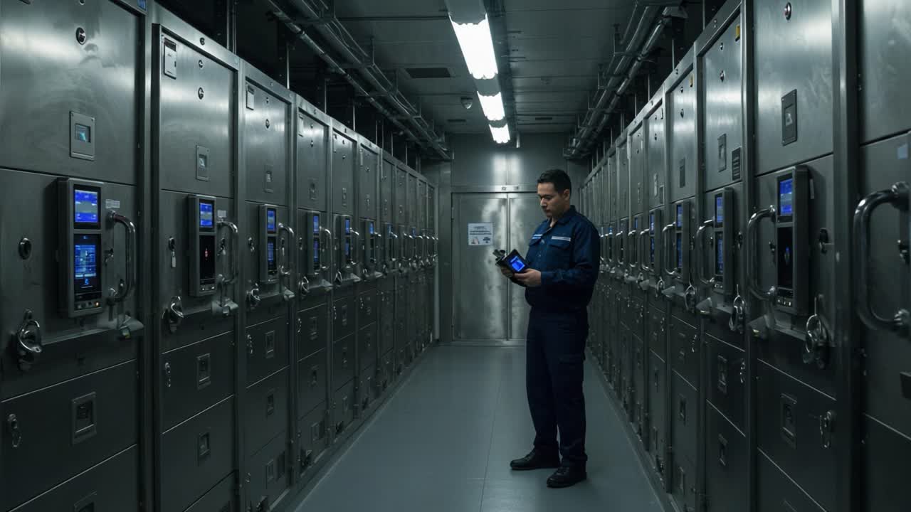 A Security Personnel Conducts Routine Checks in a High-Security Storage Facility Surrounded by Protective Vaults and Advanced Monitoring Equipment