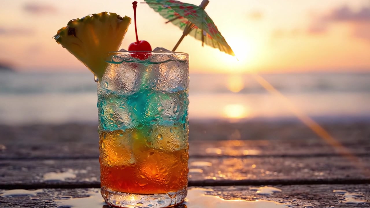 A Colorful Cocktail with Pineapple and Cherry, Adorned with a Mini Umbrella, Perfectly Capturing the Vibrant Sunset Beach Vibe on a Relaxing Summer Evening