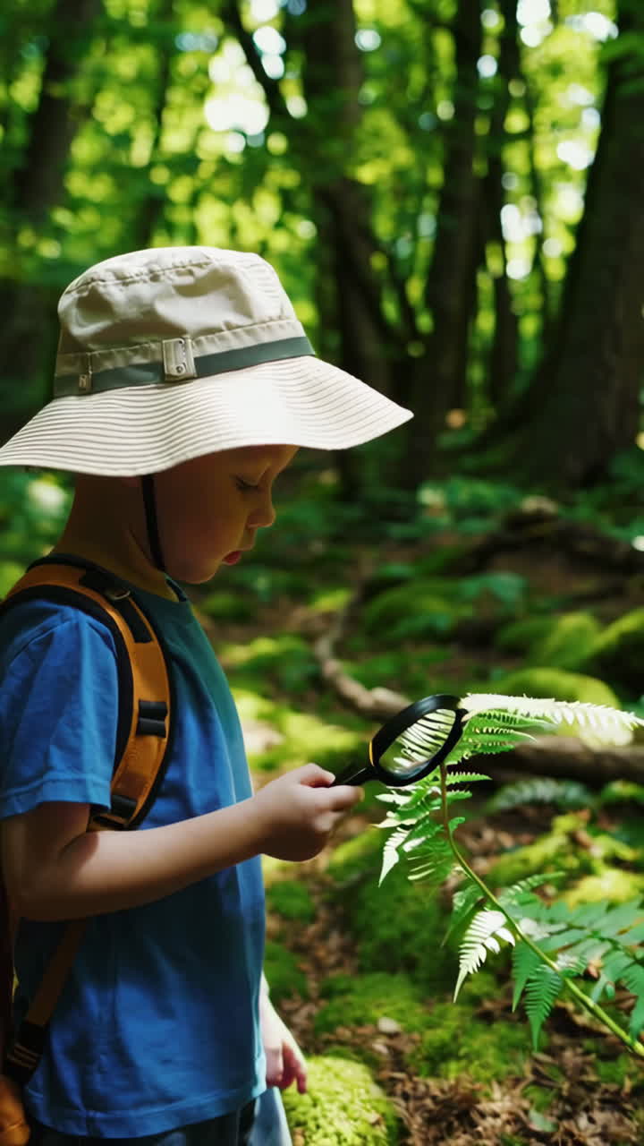 Young boy exploring a forest with a magnifying glass