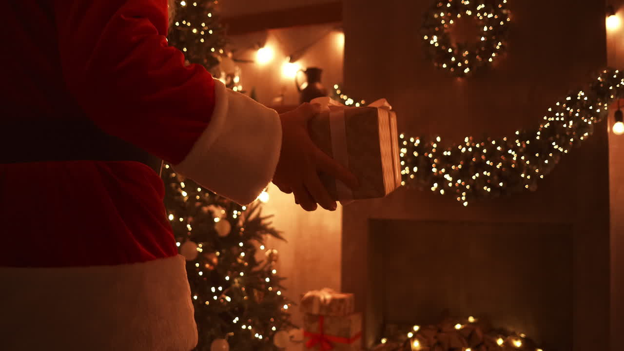 santa trae un regalo a los niños en la noche de navidad y lo pone cerca del árbol de navidad en la casa de los niños. la cámara monitorea la entrega del regalo debajo del árbol. imágenes de alta calidad 4k