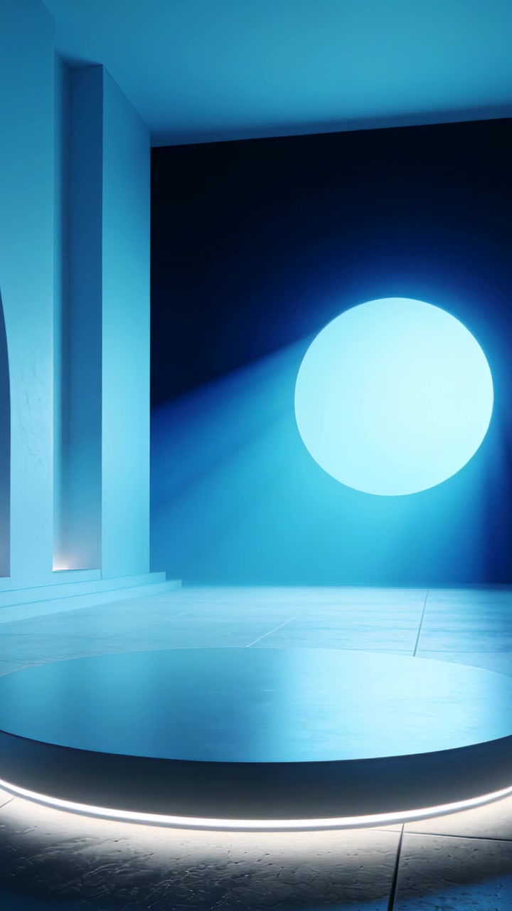 Video verticale: Globo luminoso che proietta un fascio di luce mutevole su una piattaforma con bordo LED sul palco per creare atmosfera.