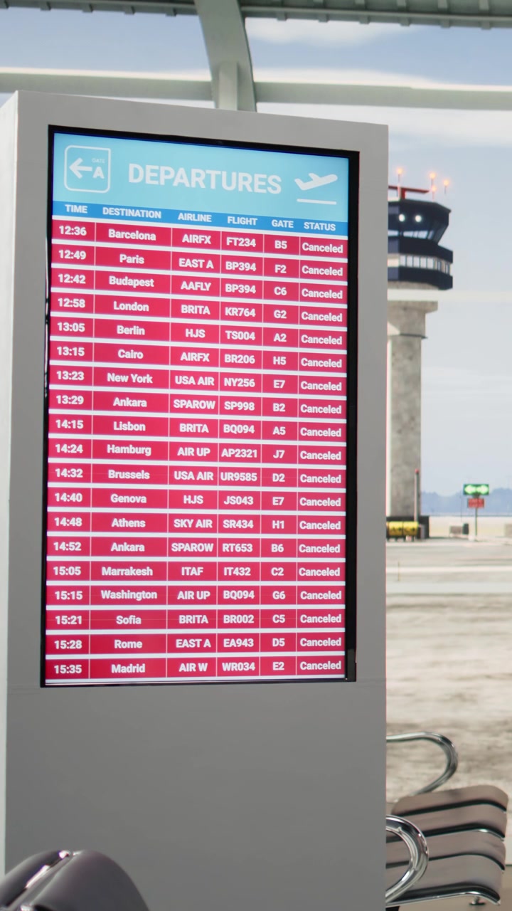 Video verticale: Tabellone delle partenze con avvisi rossi che mostra voli cancellati e viaggi sospesi