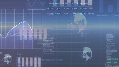 animation of globes, graphs and charts processing data on blue sky and horizon