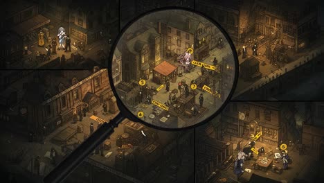 an intriguing exploration of a dark urban environment filled with secrets, clues, and enigmatic characters under a magnifying glass lens