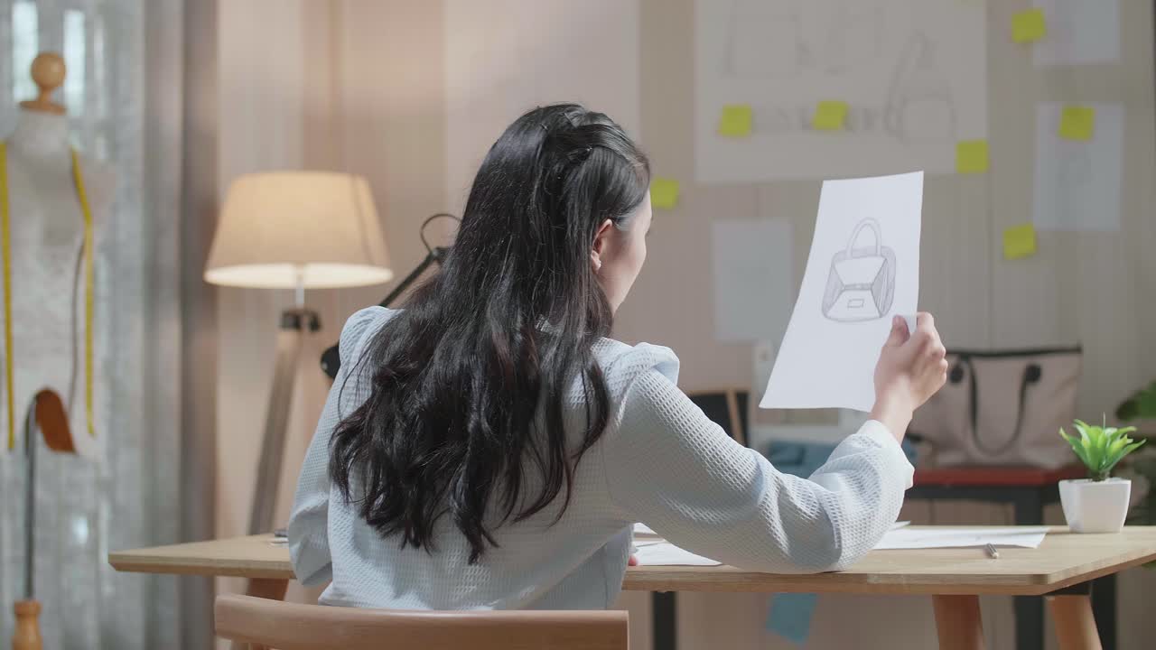 Back View Of Asian Woman Designer Positively Shaking Her Head While Looking At Hand Bag Sketching On The Layout Bond In Hand