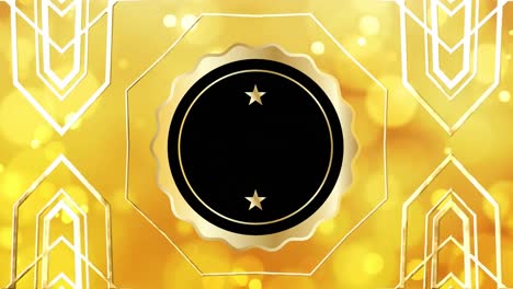 Animation-of-golden-christmas-decorations-and-black-circular-sign-with-gold-stars-over-yellow-lights