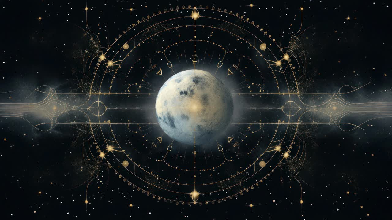 The video showcases a mystical cosmic theme with intricate celestial designs surrounding a planet
