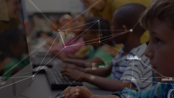 Animation of networks of connections over diverse schoolchildren and teacher in classroom