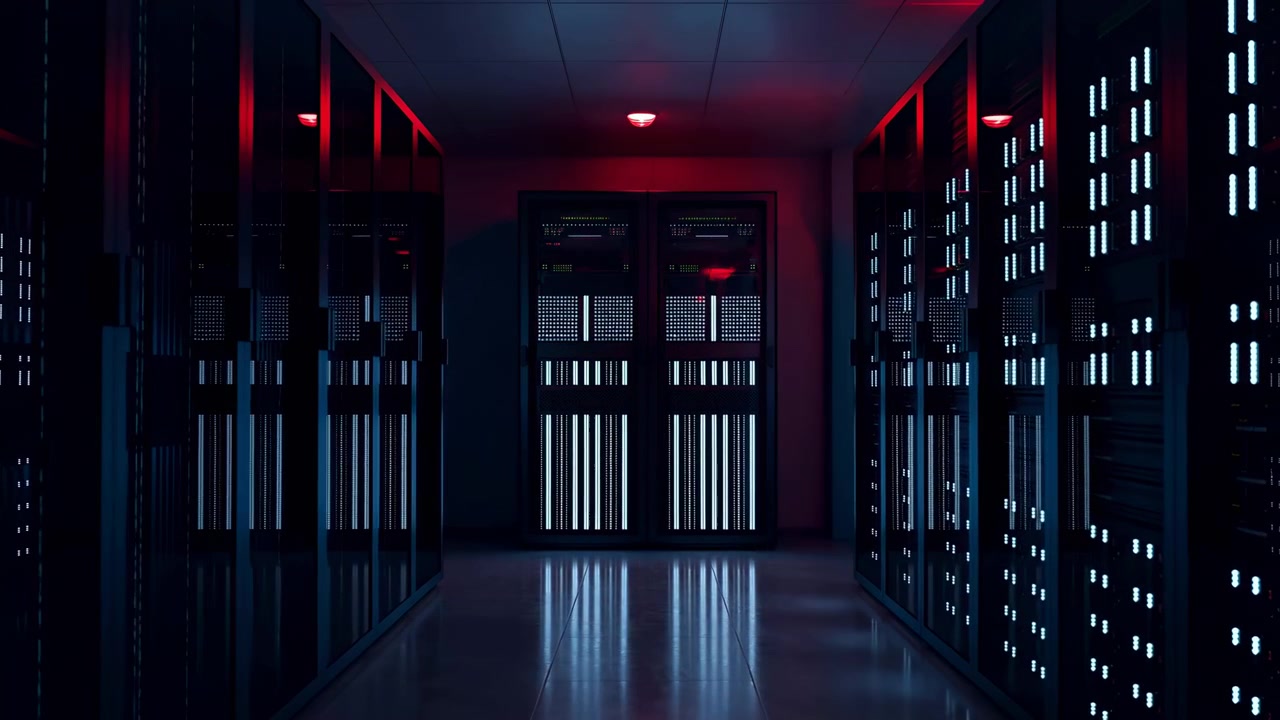 Oplyste serverkabinetter står langs en mørk korridor med reflekterende gulv, blå og røde lys, organiserede hardware-rækker og et rent interiørperspektiv, der viser moderne digital infrastruktur.