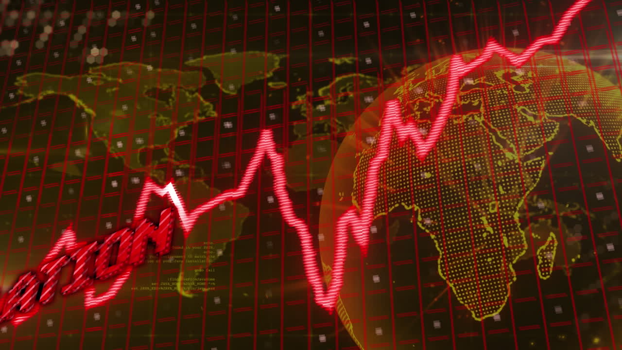 Animation af stagflationstekst i rød over globus og databehandling