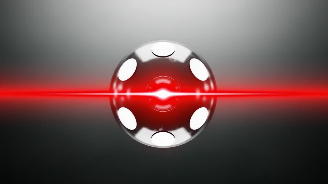 A Dynamic Visual of a Futuristic Sphere Emitting a Striking Red Laser Beam Against a Smooth Metallic Background, Capturing the Essence of Cutting-Edge Technology
