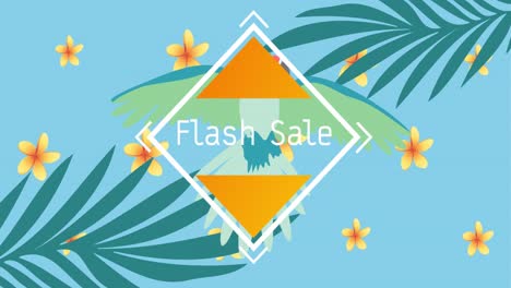 animation of flash sale text in white in white frame over exotic bird and plants on blue