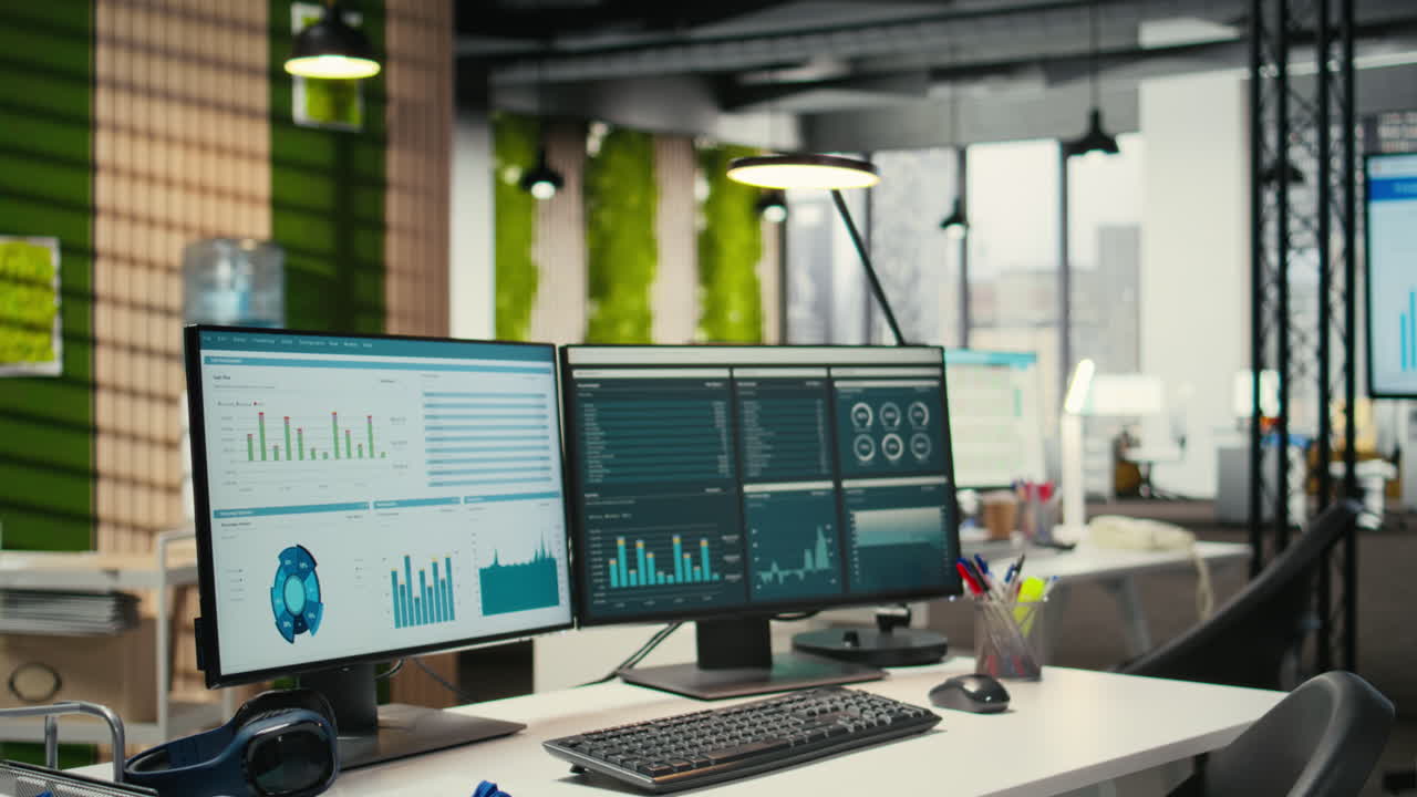 Vertical Video Empty workspace in a multinational company showcases computers