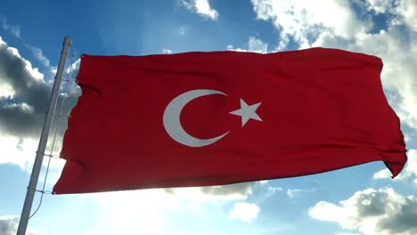 turkey flag blowing in the wind with a blue sky background