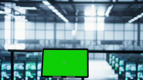 primer plano de la tableta chroma key y los programadores de trabajo en equipo en la sala del servidor