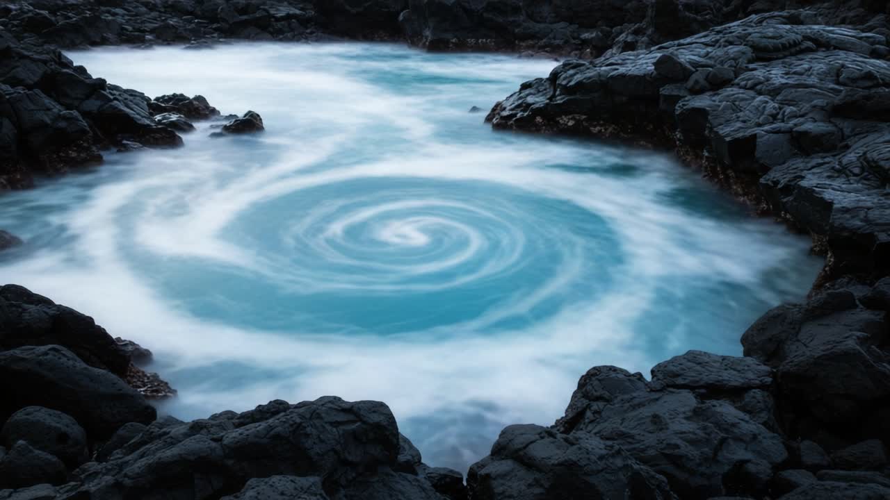 A Serene View of a Swirling Blue Whirlpool Surrounded by Dark Rocky Edges, Captured in Two Stunning Frames Highlighting Nature's Flow and Beauty