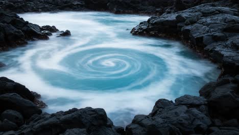 a serene view of a swirling blue whirlpool surrounded by dark rocky edges, captured in two stunning frames highlighting nature's flow and beauty