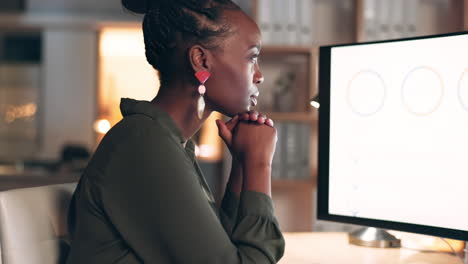 Computer-graphs,-thinking-and-black-woman-writing